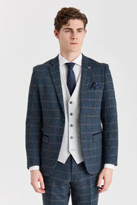 Abito Harris in tweed blu navy con gilet Belmont argento a contrasto