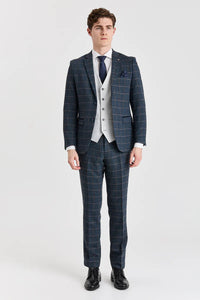 Abito Harris in tweed blu navy con gilet Belmont argento a contrasto