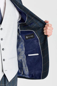 Abito Harris in tweed blu navy con gilet Belmont argento a contrasto