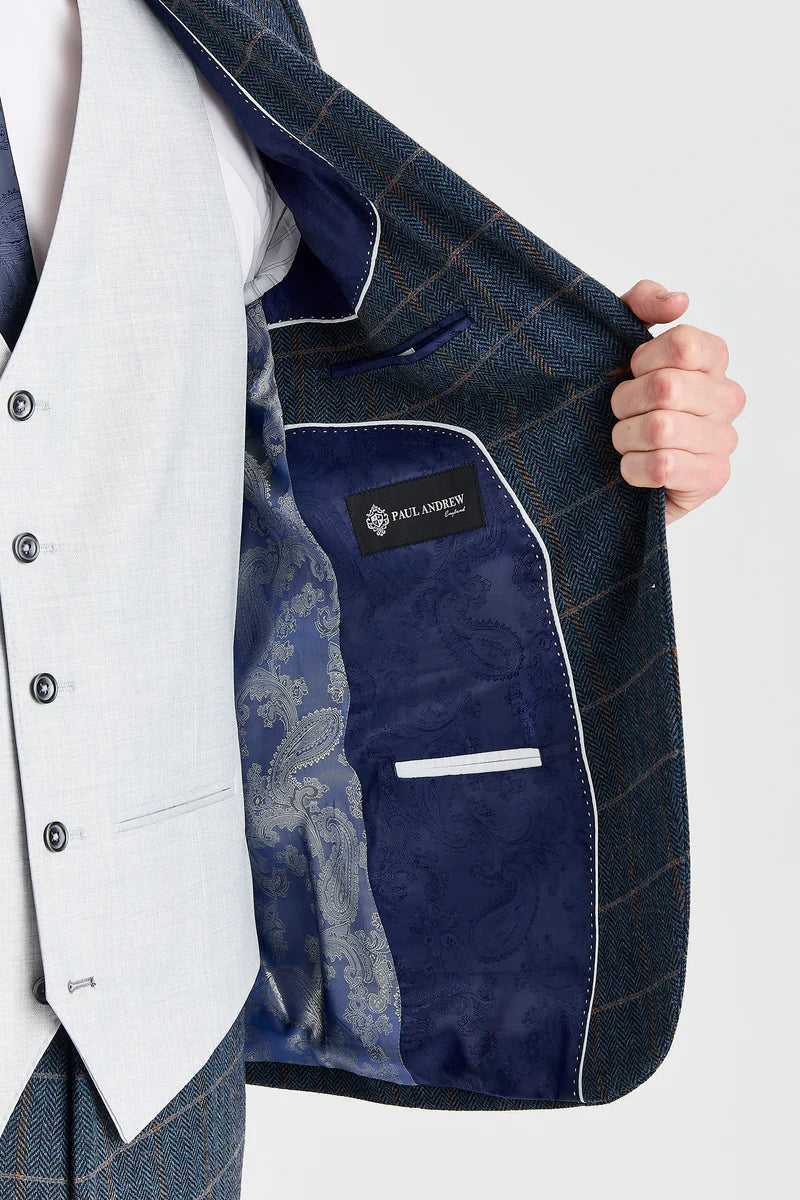 Abito Harris in tweed blu navy con gilet Belmont argento a contrasto