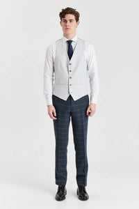 Abito Harris in tweed blu navy con gilet Belmont argento a contrasto