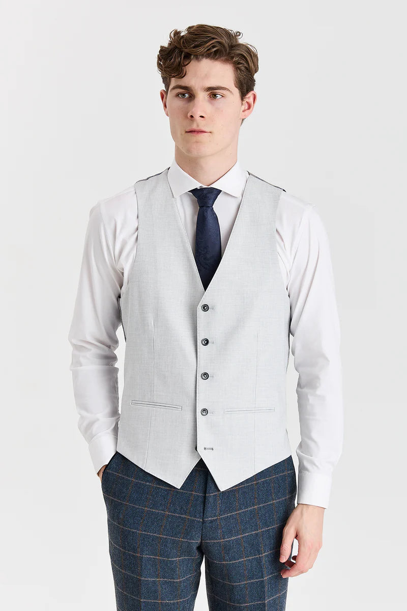 Abito Harris in tweed blu navy con gilet Belmont argento a contrasto