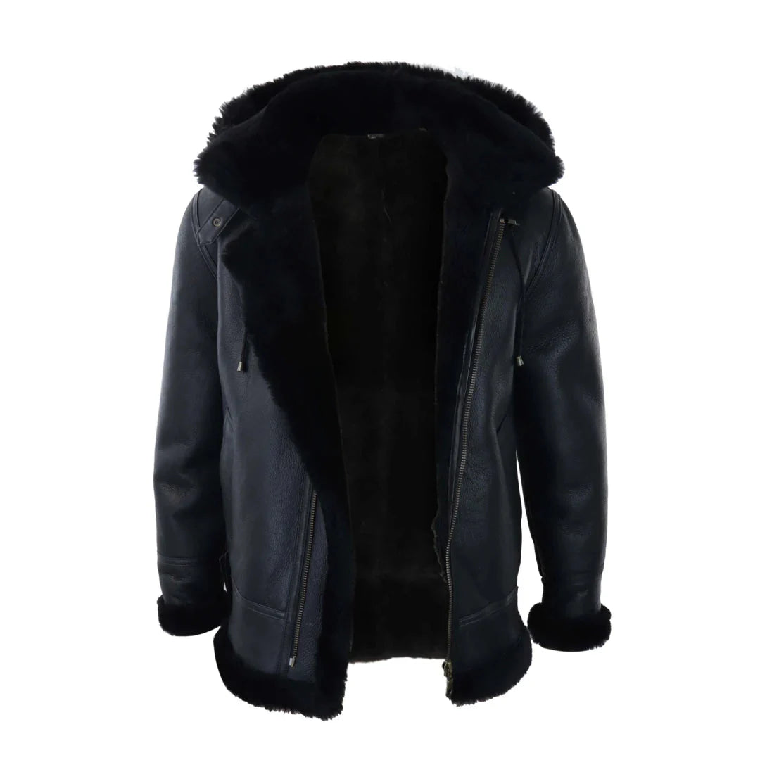 Men's Black Leather Sherling Sheepskin Hood Jacket Aviator Flying Pilot