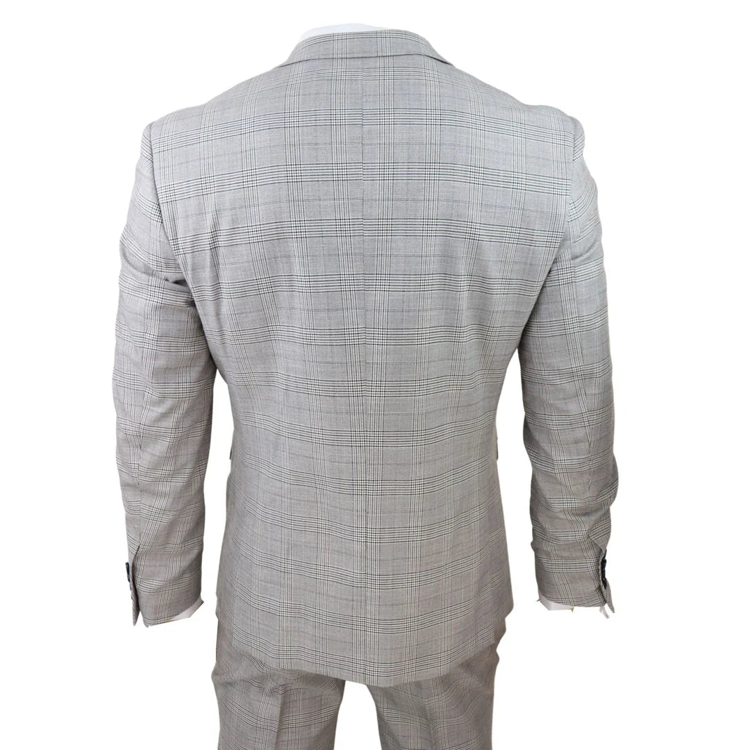 Hugo Men's Light Grey 3-Piece Suit with Navy Blue Check and Velvet Trims
