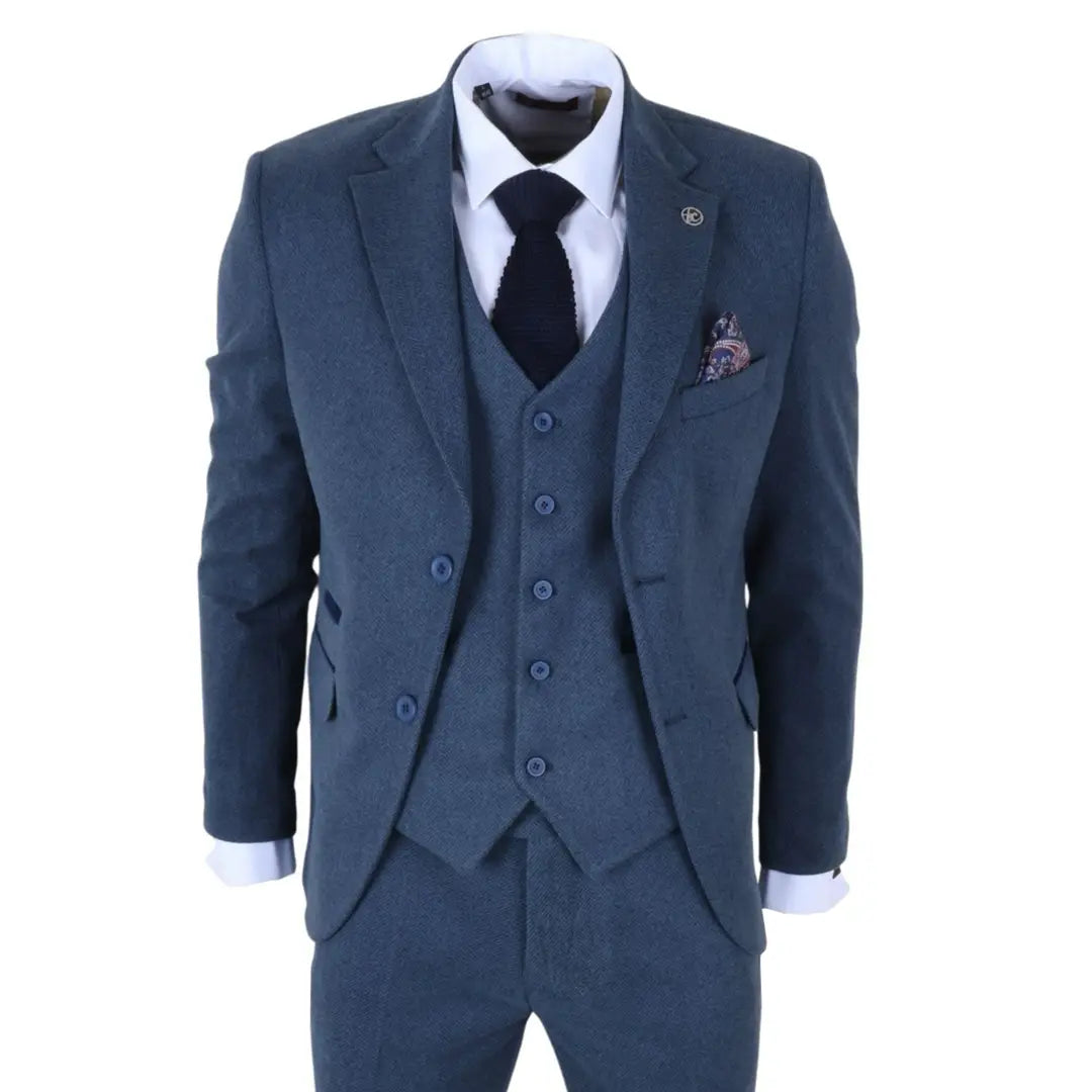 IM40 - Abito da uomo a tre pezzi in tweed a spina di pesce blu navy