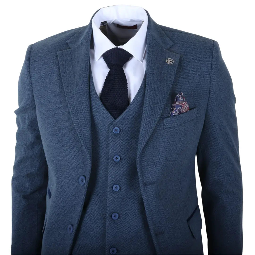 IM40 - Abito da uomo a tre pezzi in tweed a spina di pesce blu navy
