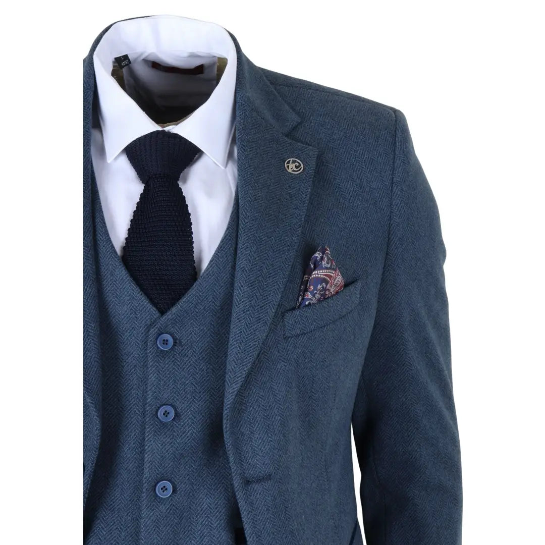 IM40 - Abito da uomo a tre pezzi in tweed a spina di pesce blu navy