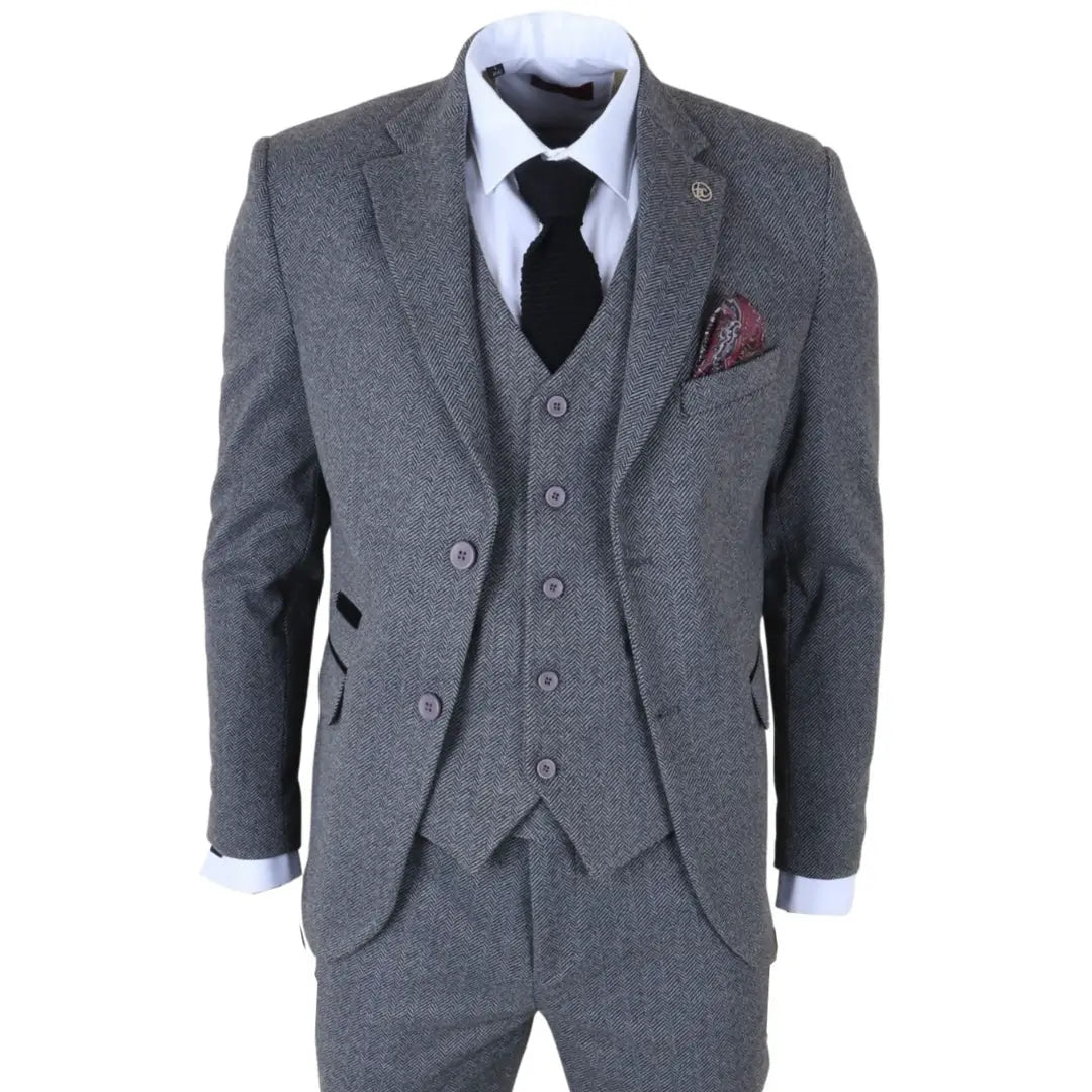 IM41 - Abito da uomo a tre pezzi in tweed grigio a spina di pesce