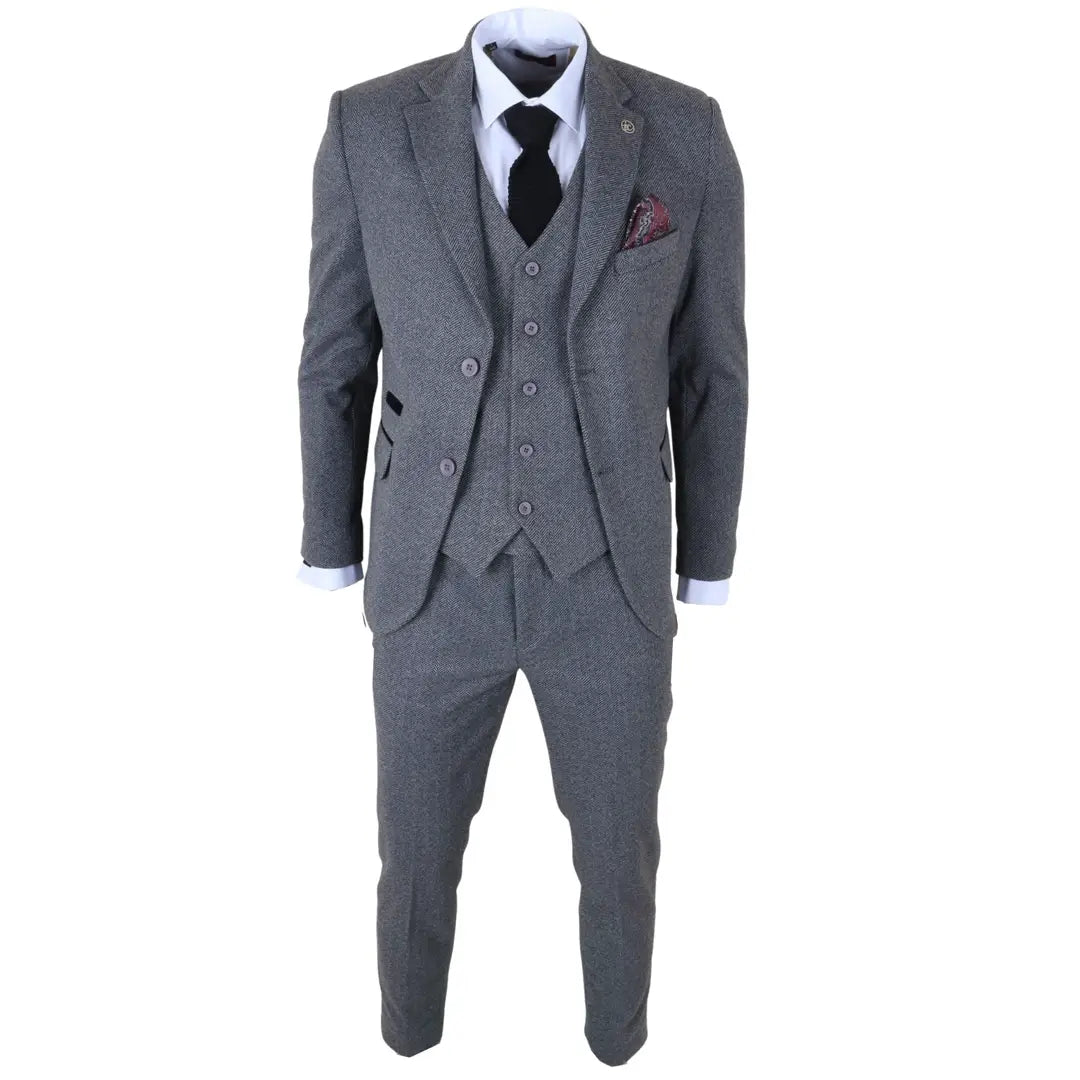 IM41 - Abito da uomo a tre pezzi in tweed grigio a spina di pesce