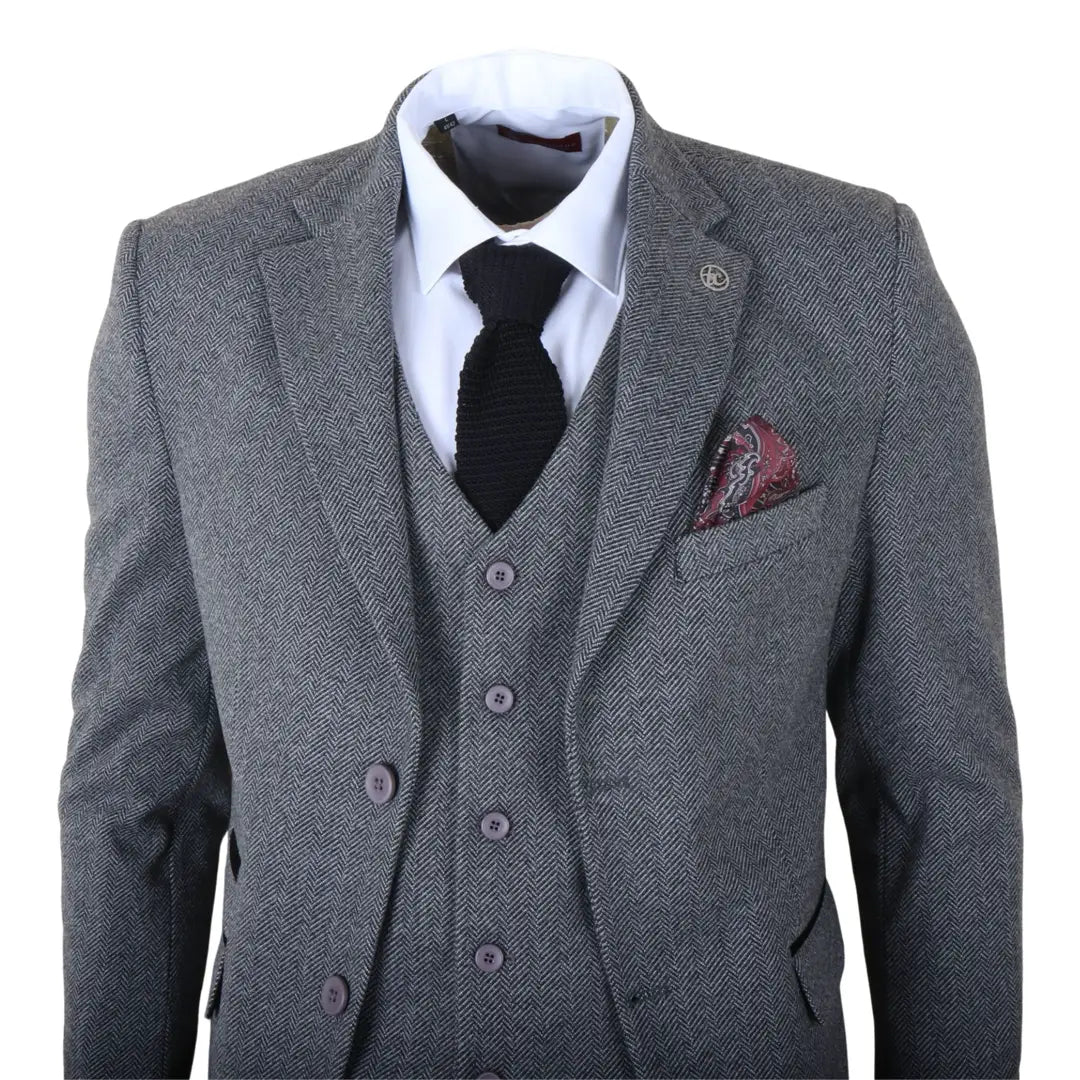 IM41 - Abito da uomo a tre pezzi in tweed grigio a spina di pesce