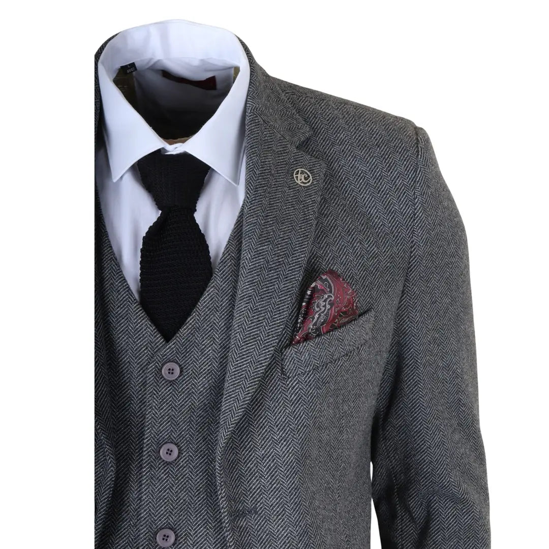 IM41 - Abito da uomo a tre pezzi in tweed grigio a spina di pesce