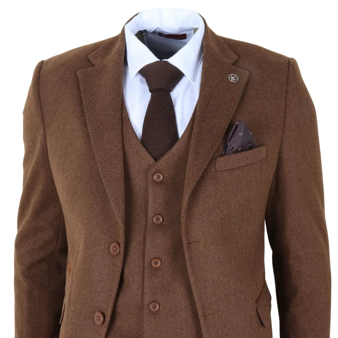 IM42 - Abito da uomo a tre pezzi in tweed a spina di pesce marrone
