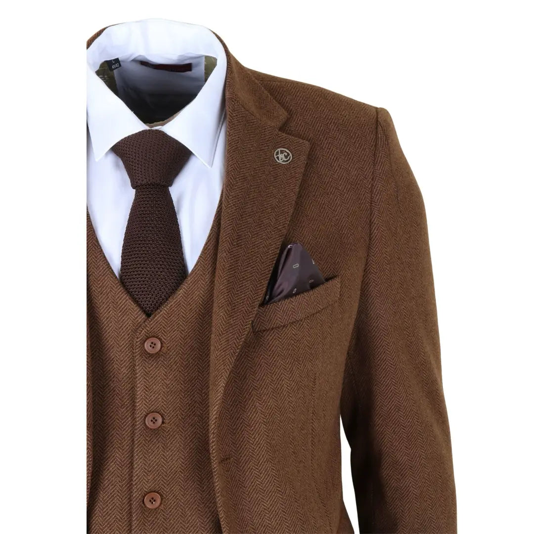 IM42 - Abito da uomo a tre pezzi in tweed a spina di pesce marrone