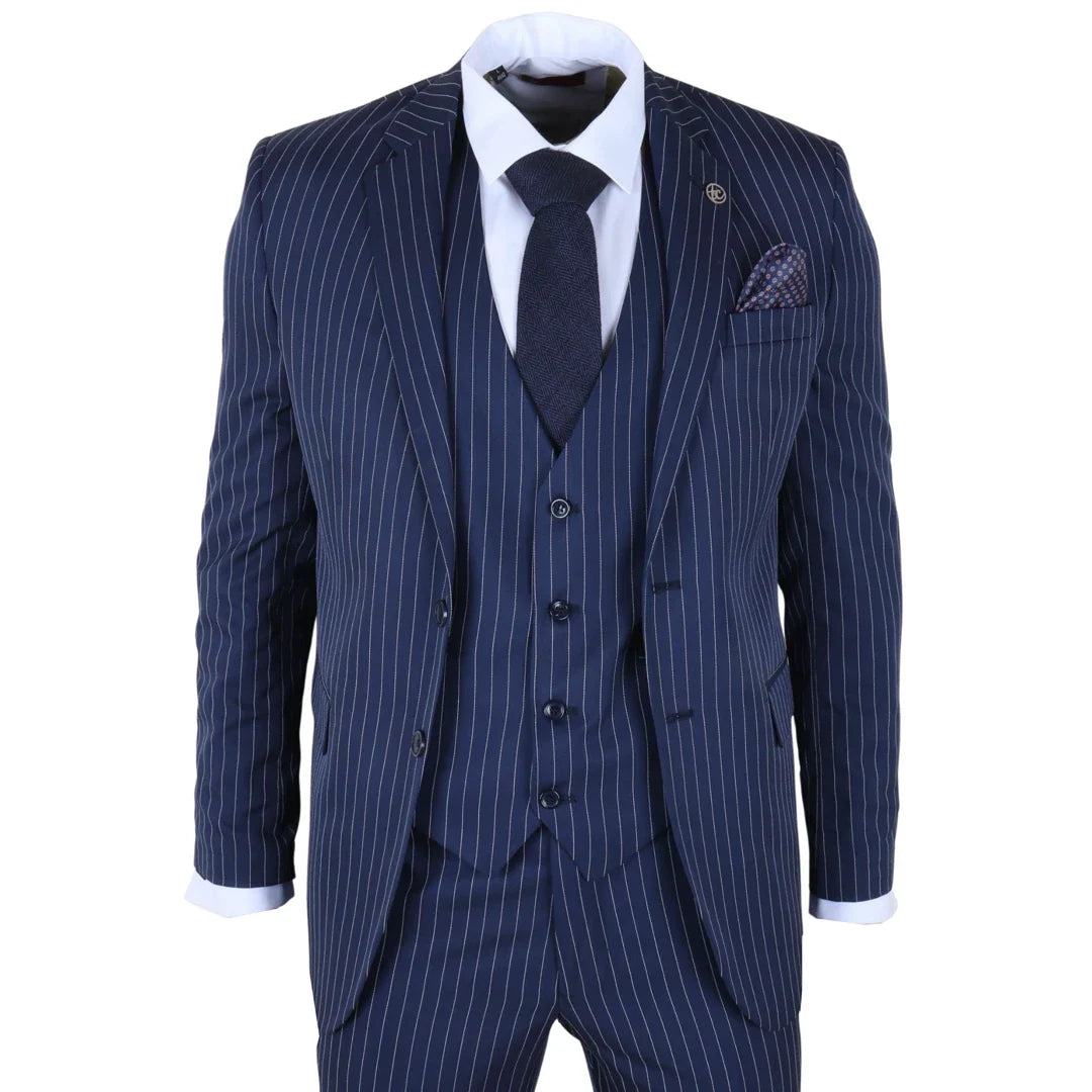 IM43 - Abito da uomo a tre pezzi gessato blu navy stile Shelby