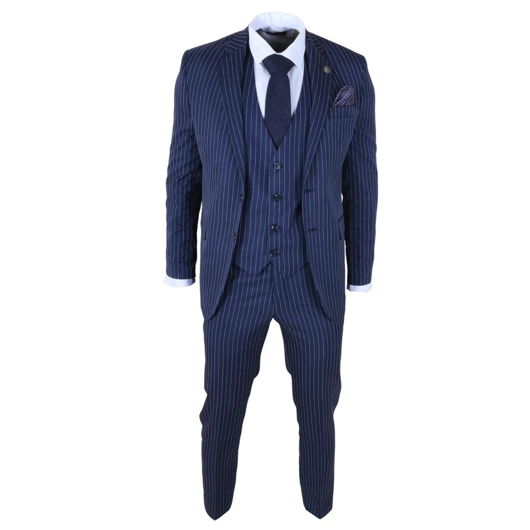 IM43 - Abito da uomo a tre pezzi gessato blu navy stile Shelby
