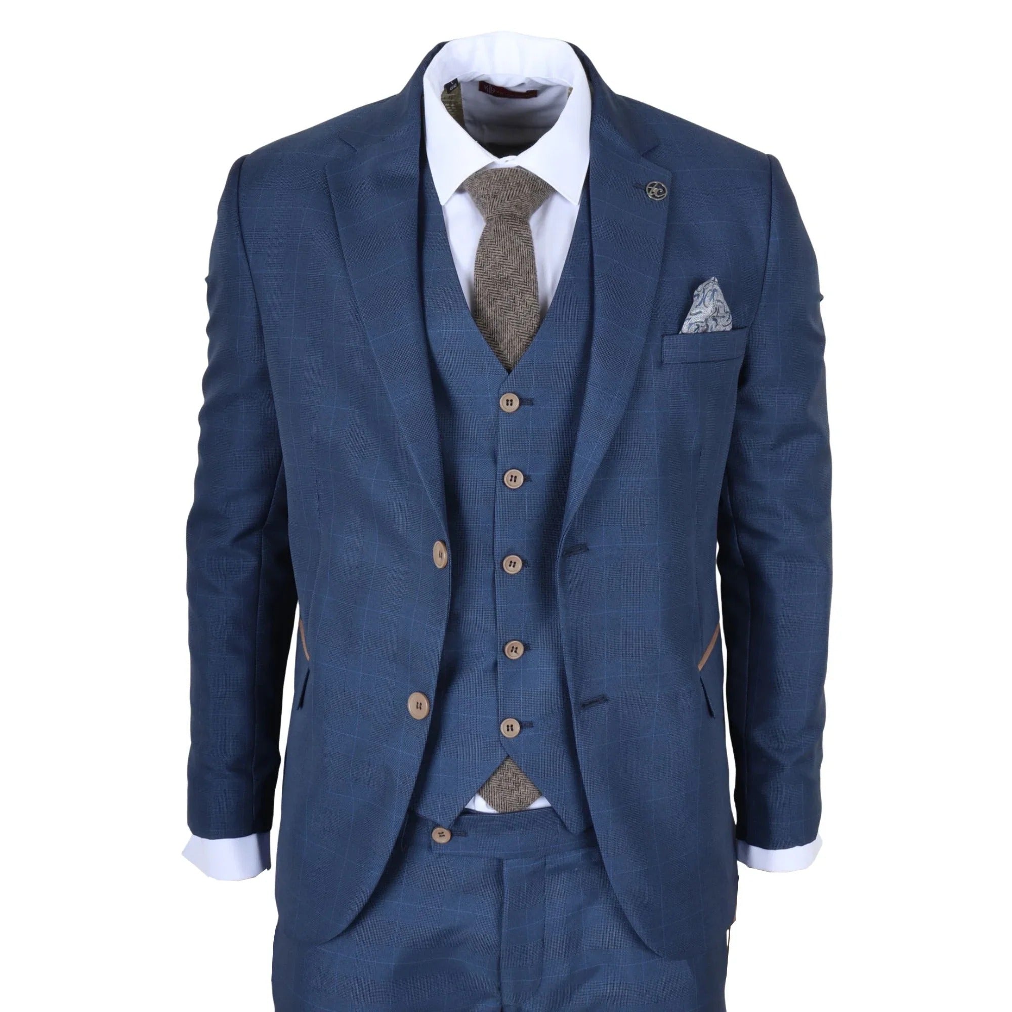 IM50 - Abito da uomo a tre pezzi a quadri blu, vestibilità sartoriale