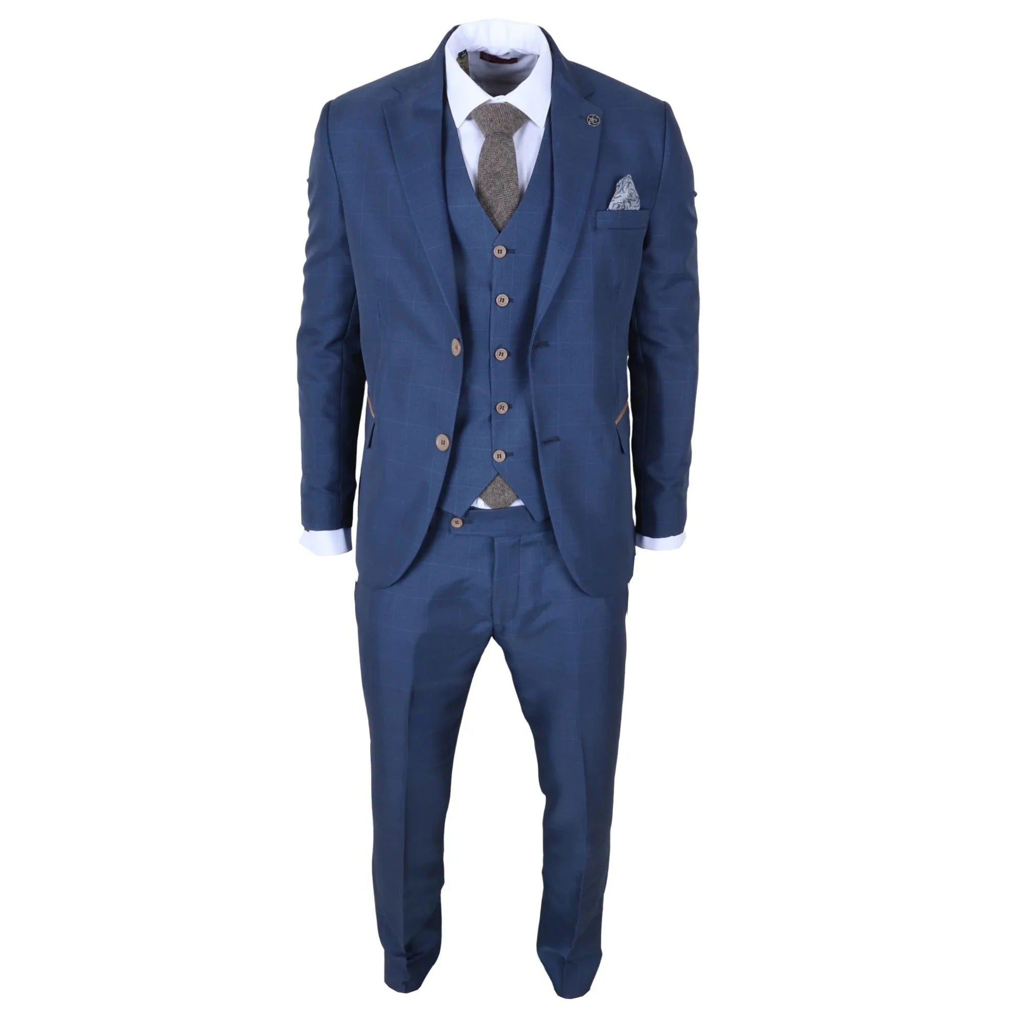 IM50 - Abito da uomo a tre pezzi a quadri blu, vestibilità sartoriale