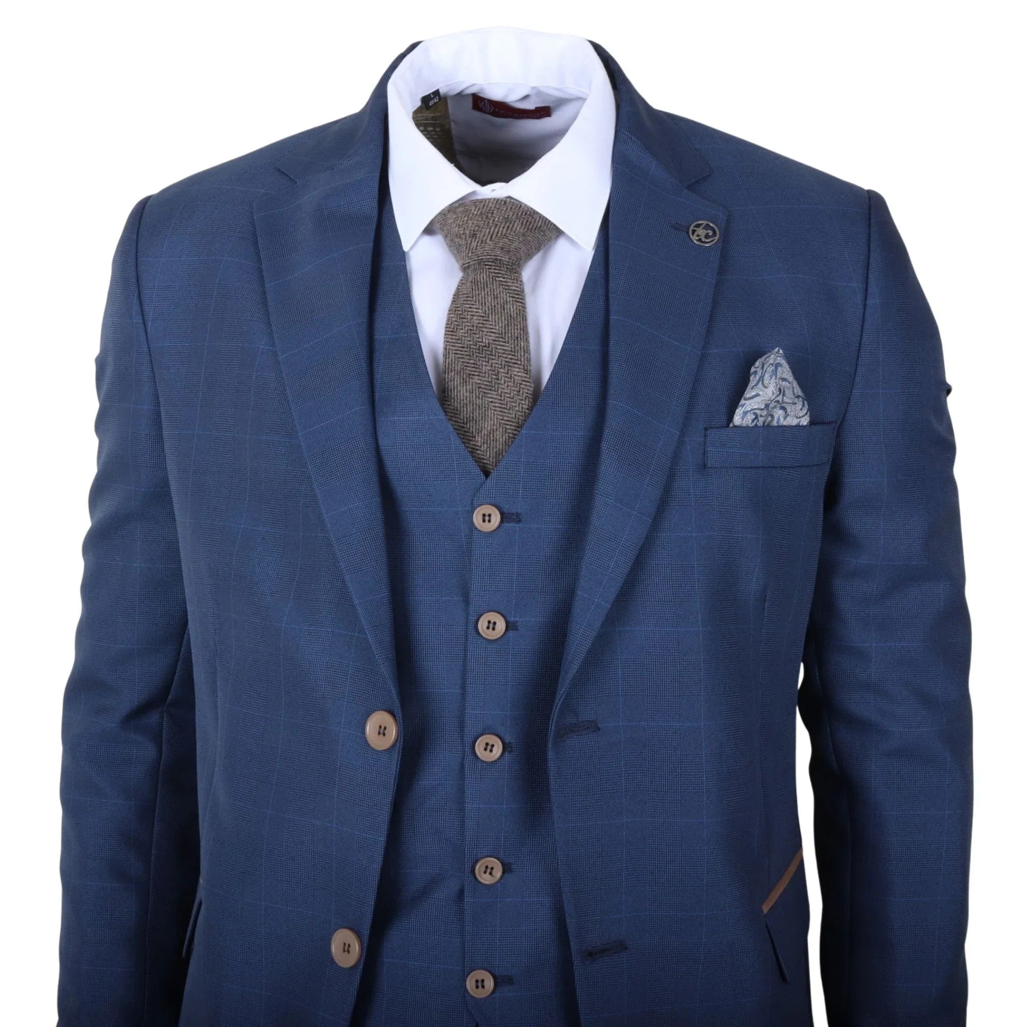 IM50 - Abito da uomo a tre pezzi a quadri blu, vestibilità sartoriale