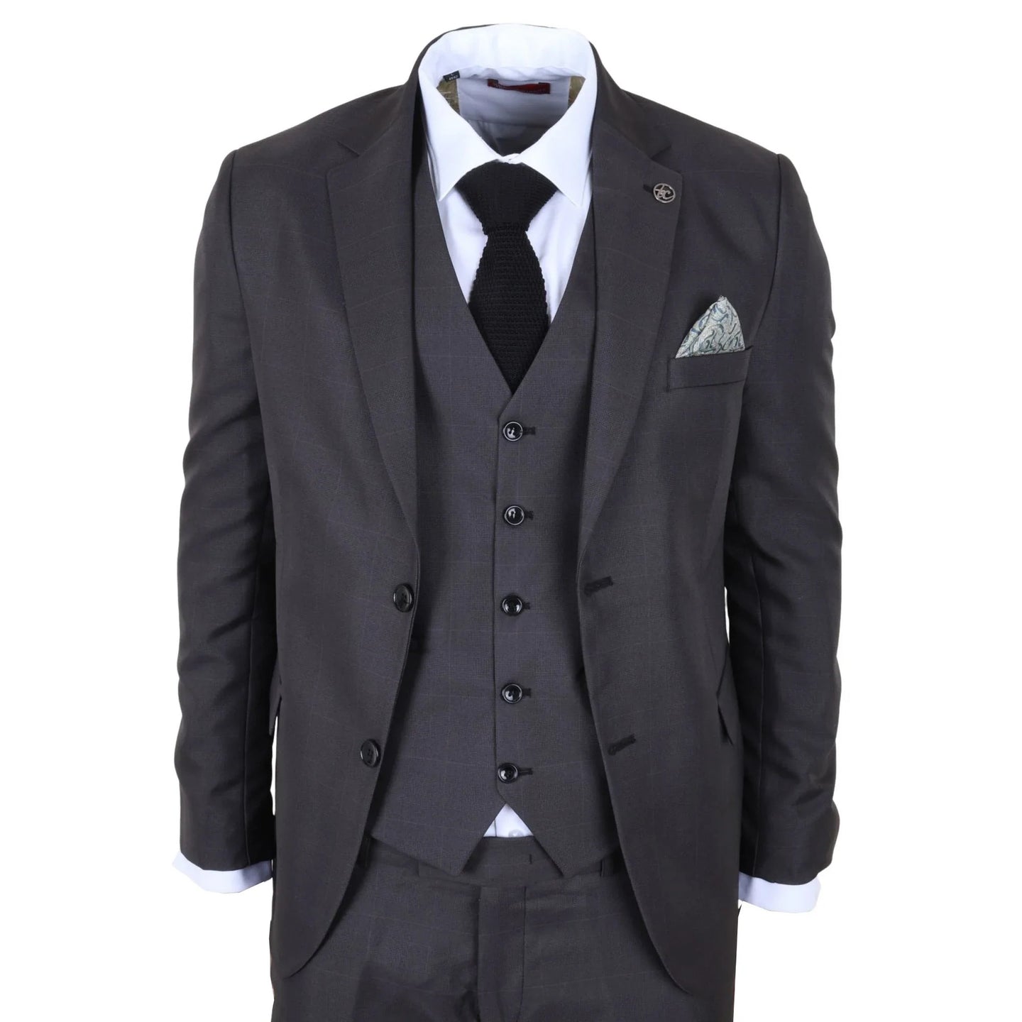 IM51 - Abito da uomo a tre pezzi a quadri color antracite, vestibilità sartoriale
