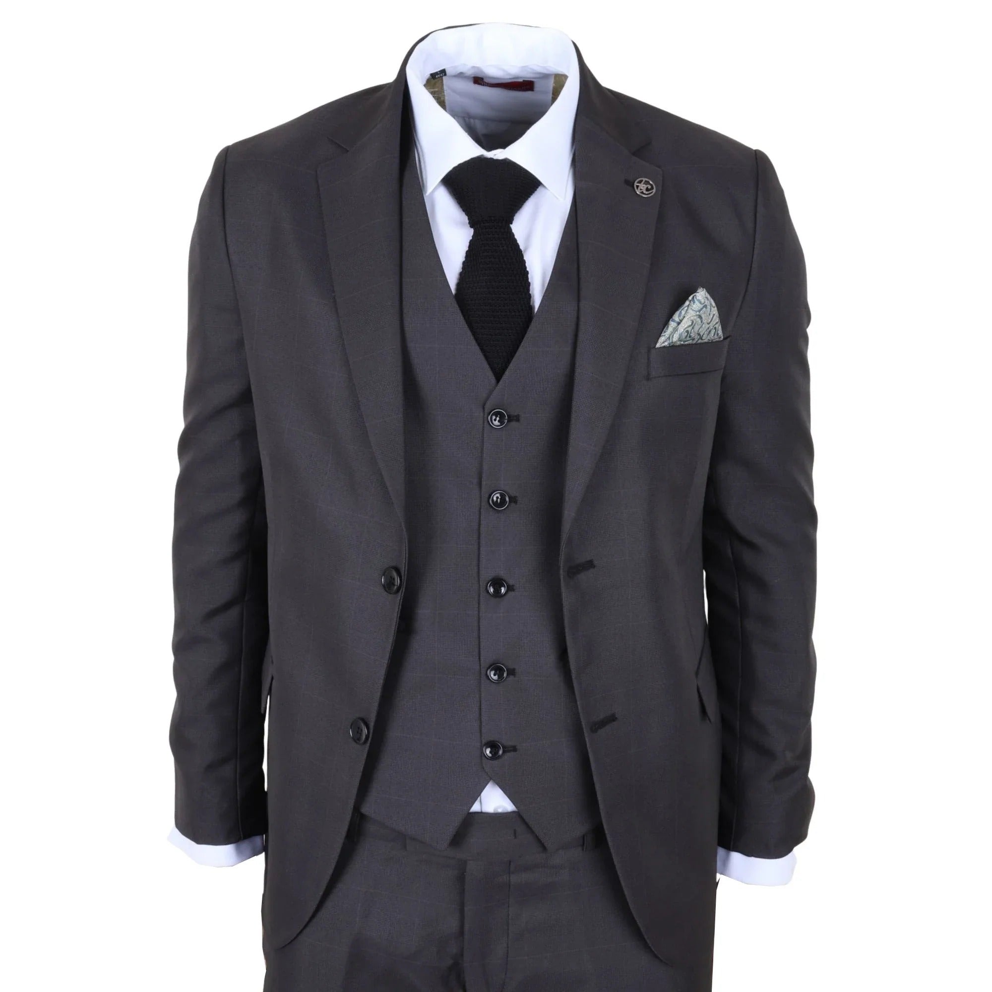 IM51 - Abito da uomo a tre pezzi a quadri color antracite, vestibilità sartoriale