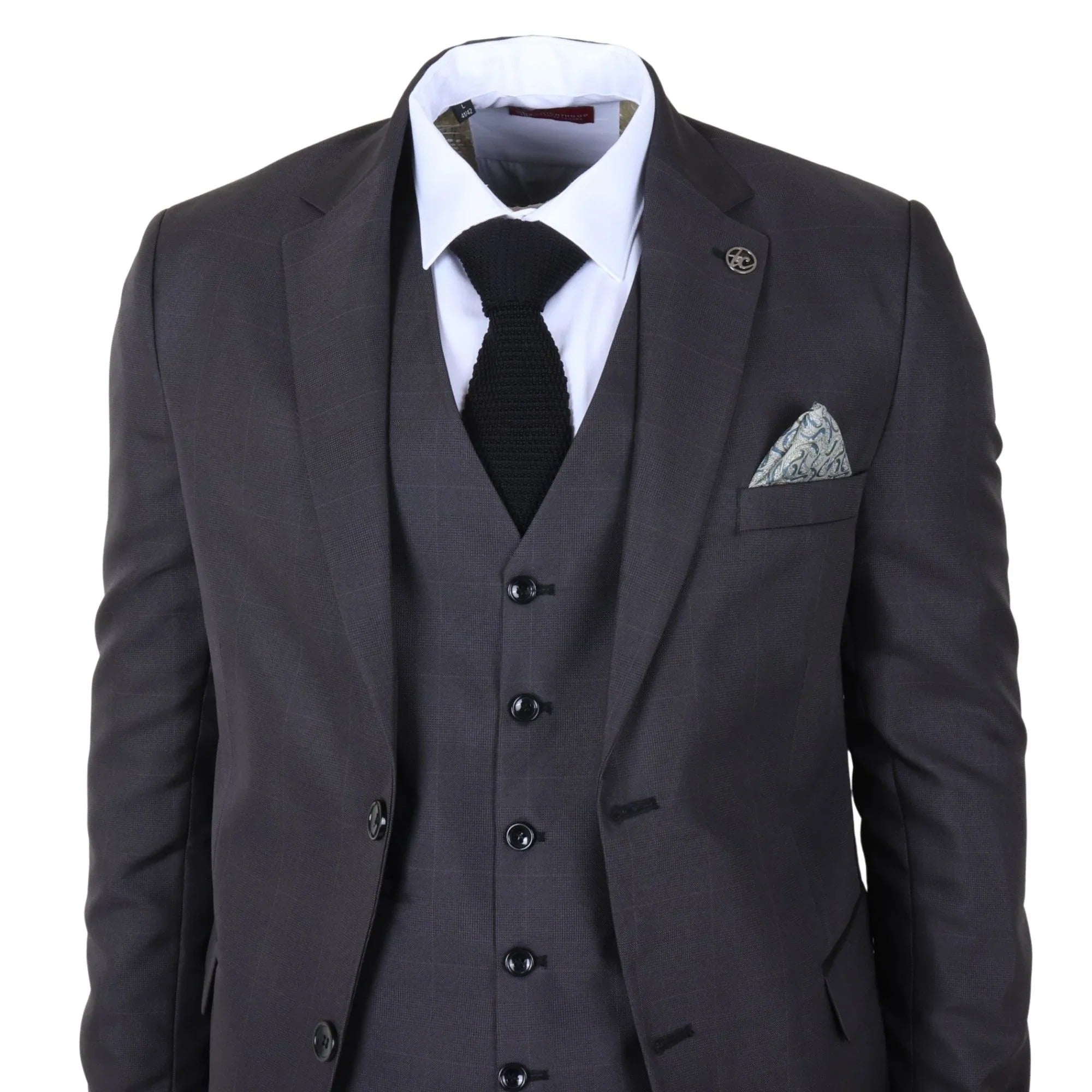 IM51 - Abito da uomo a tre pezzi a quadri color antracite, vestibilità sartoriale