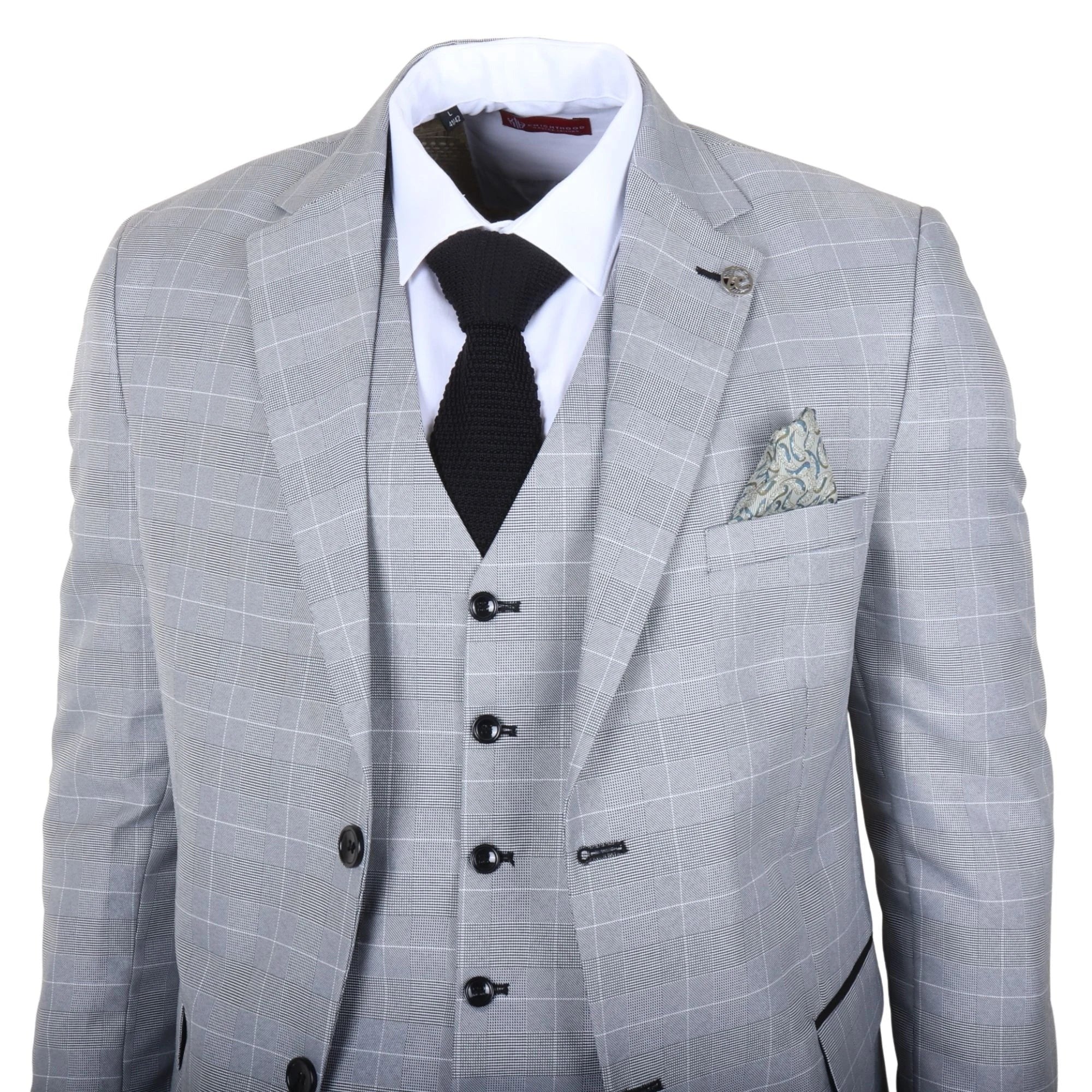IM53 - Abito da uomo a tre pezzi a quadri grigi, vestibilità sartoriale