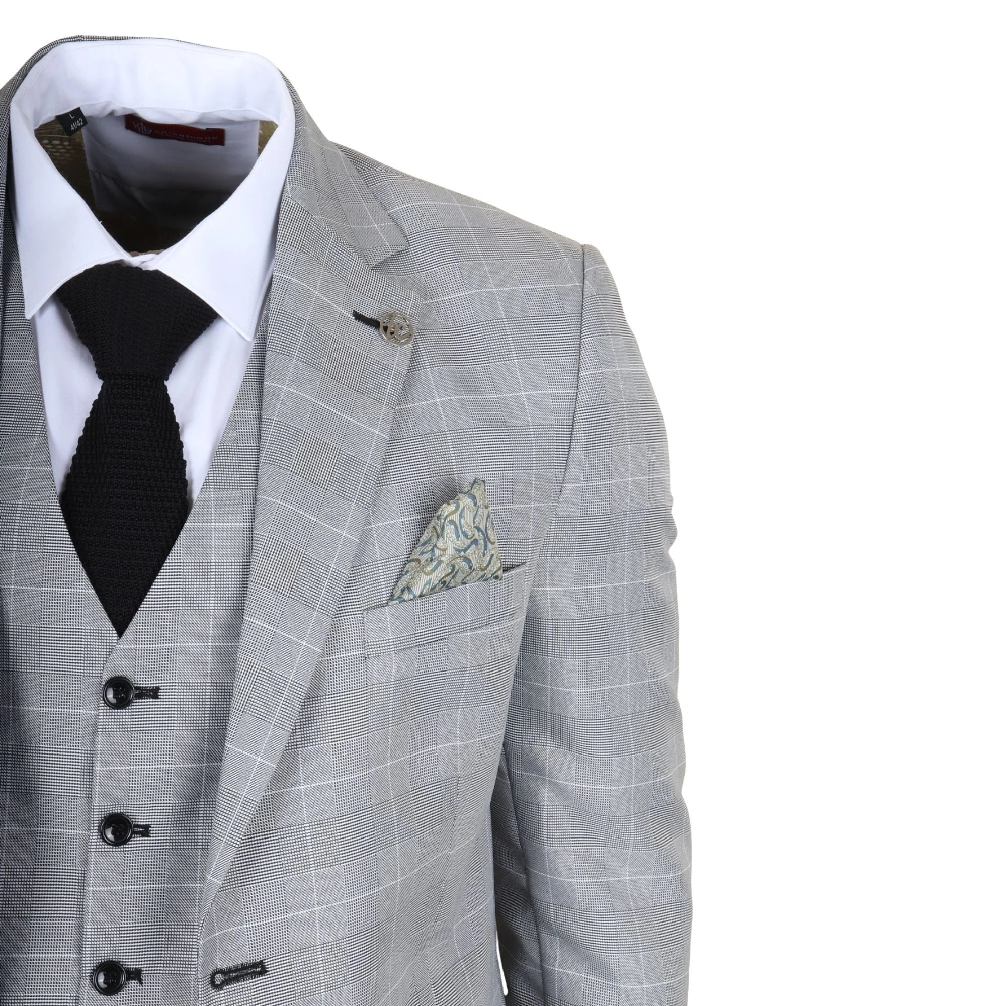 IM53 - Abito da uomo a tre pezzi a quadri grigi, vestibilità sartoriale