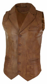 Mens Real Leather Tan Brown Black Smart Casual Gilet Waistcoat Vintage Retro-Tan