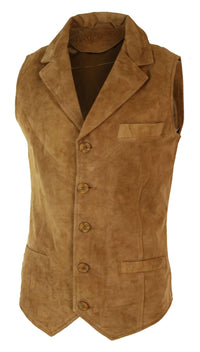 Mens Real Suede Leather Tan Brown Smart Casual Gilet Waistcoat Vintage Retro