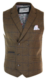 Mens Double Breasted Herringbone Tweed Peaky Blinders Vintage Check Waistcoat Tan Brown