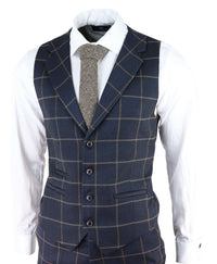 Mens Herringbone Tweed Check 3 Piece Wool Suit Peaky Blinders - Navy Blue