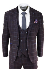 Mens Plum Check 3 Piece Suit