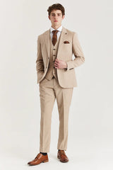 Abito da uomo beige a 3 pezzi in tweed a quadri