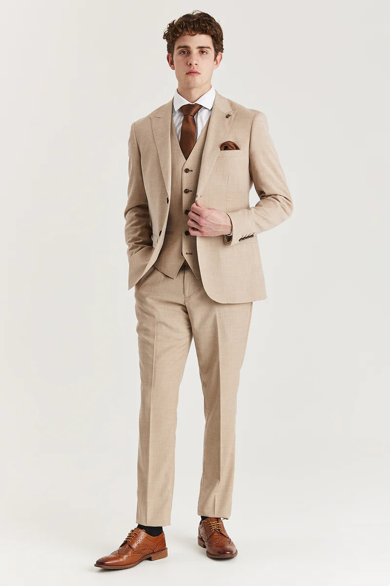 Abito da uomo beige a 3 pezzi in tweed a quadri