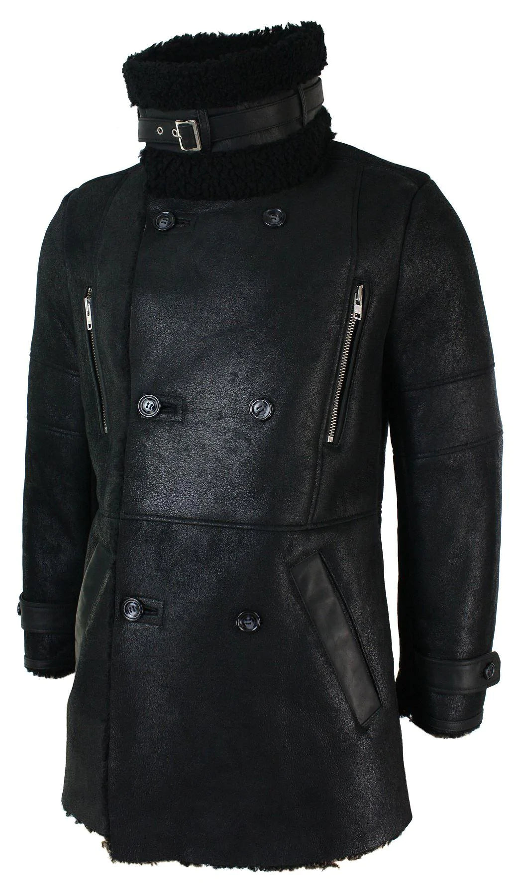 Mens Black 3/4 Military Real Sherling Sheepskin Batman Bane Double Breasted