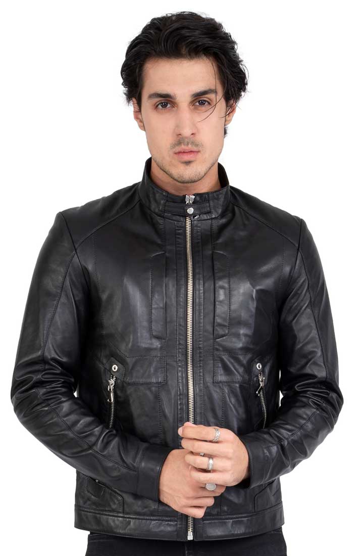 Lamb Leather Biker Jacket for Men with Four Pockets Regular Fit - B209