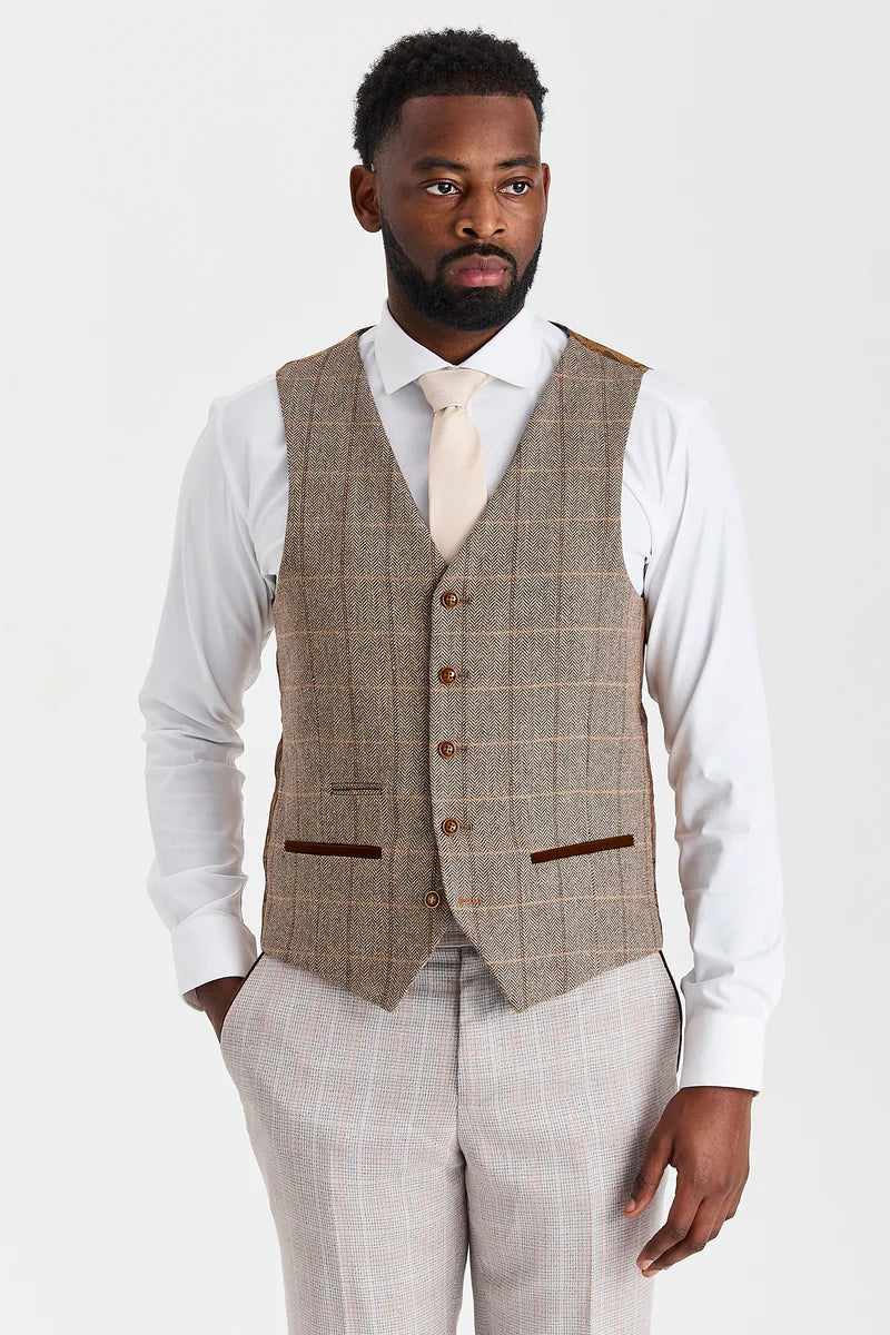 Abito Leo Beige con gilet a contrasto in tweed Harris Brown.