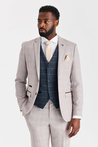Abito Leo Beige con gilet in tweed blu navy Harris