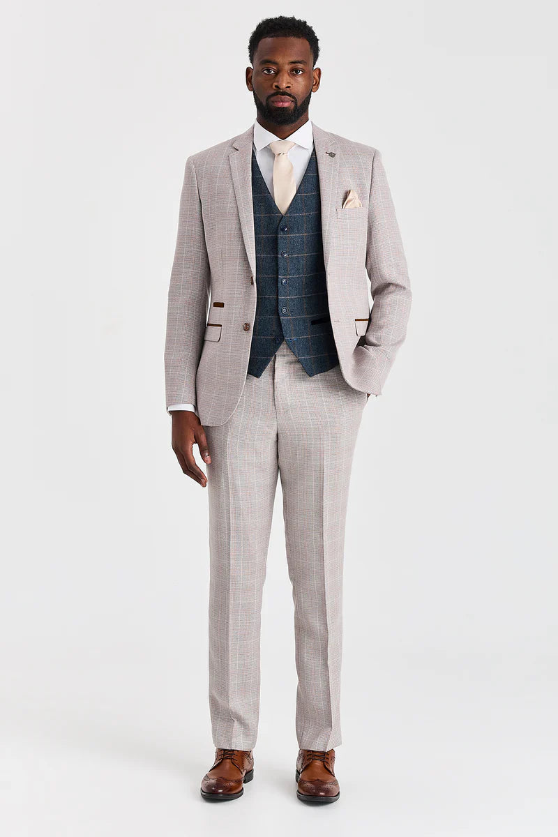 Abito Leo Beige con gilet in tweed blu navy Harris