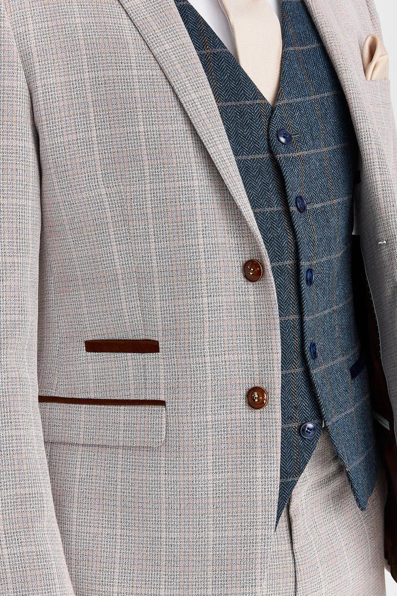 Abito Leo Beige con gilet in tweed blu navy Harris
