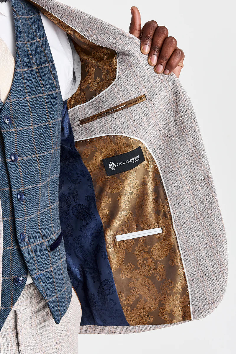 Abito Leo Beige con gilet in tweed blu navy Harris