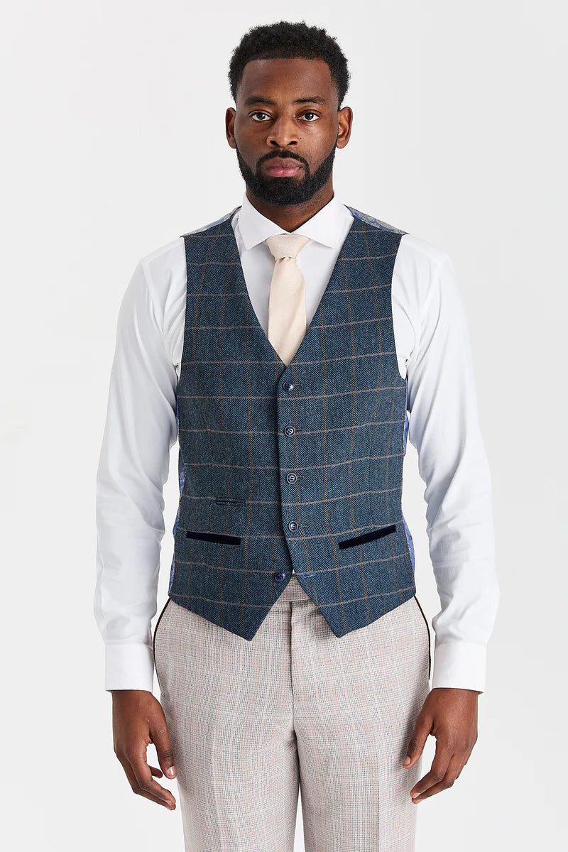 Abito Leo Beige con gilet in tweed blu navy Harris