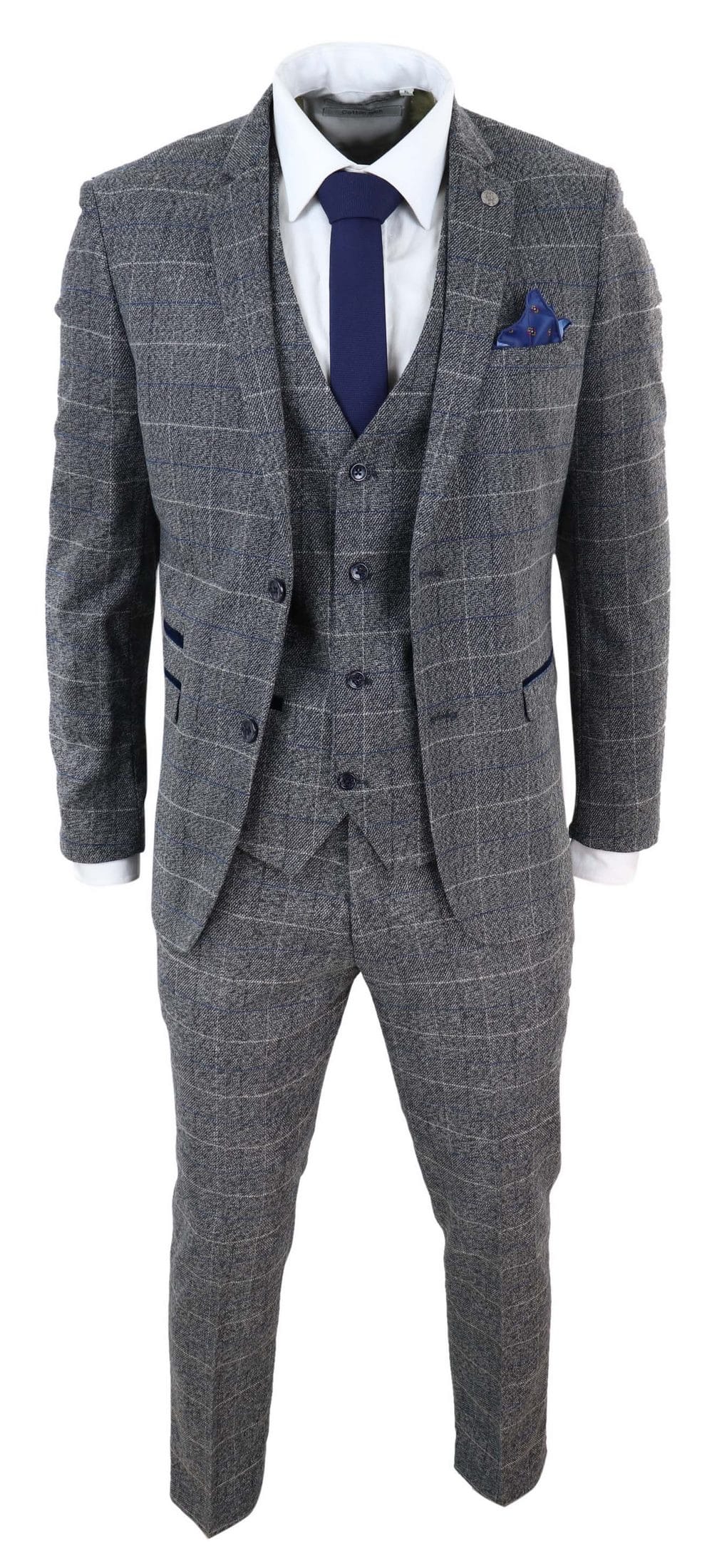 Marc Darcy Scott - Mens Grey with Blue Check 3 Piece Suit