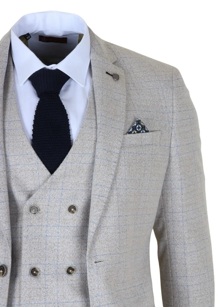 Luis - Abito da uomo slim fit a 3 pezzi con motivo a quadri color crema