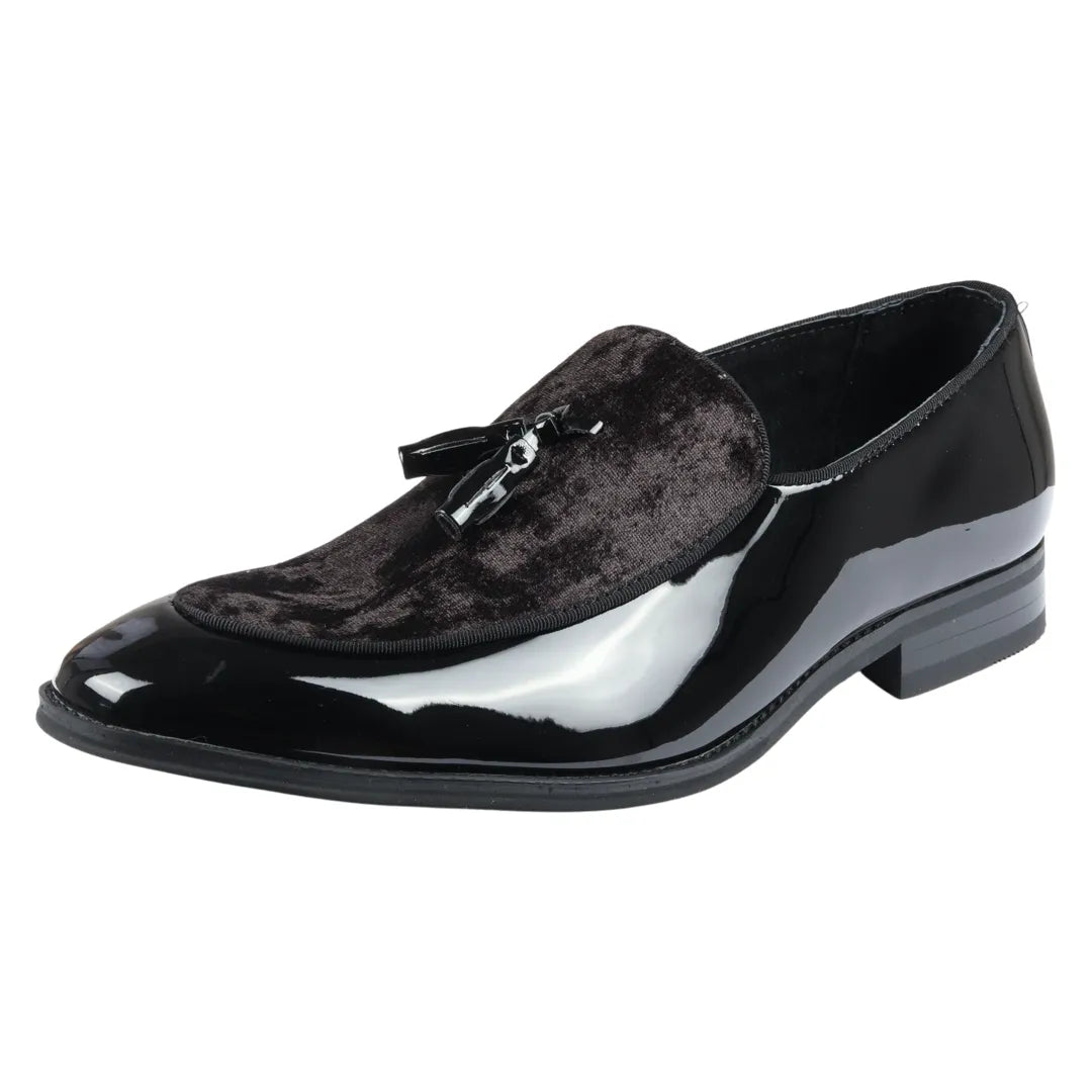 Men's Slip On Tassel Velvet Detailed Patent Black Loafers