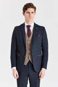Abito blu navy Madrid con gilet in tweed marrone Harris a contrasto