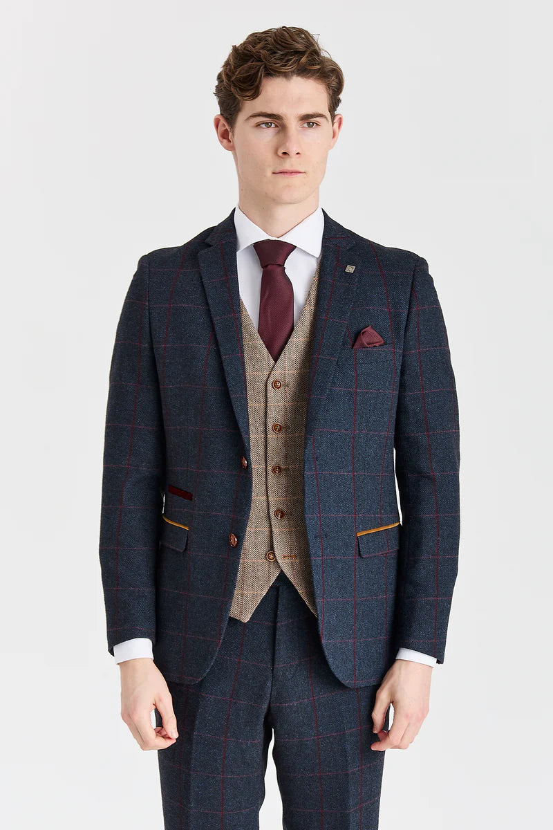 Abito blu navy Madrid con gilet in tweed marrone Harris a contrasto