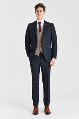 Abito blu navy Madrid con gilet in tweed marrone Harris a contrasto