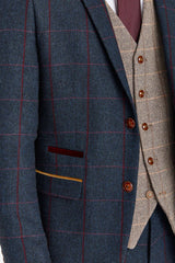 Abito blu navy Madrid con gilet in tweed marrone Harris a contrasto