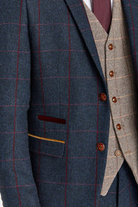 Abito blu navy Madrid con gilet in tweed marrone Harris a contrasto